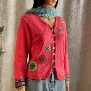 Icelandic Design Pink Linen Cotton Knit Embellished Cardigan Grunge Fairy Size M